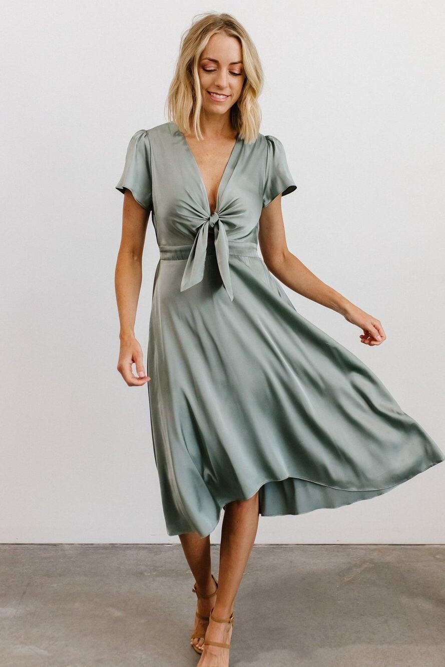 Baltic Born Satin Tie Front Midi Dress Sage Green Flutter Sleeve Size M - Picture 1 of 16
